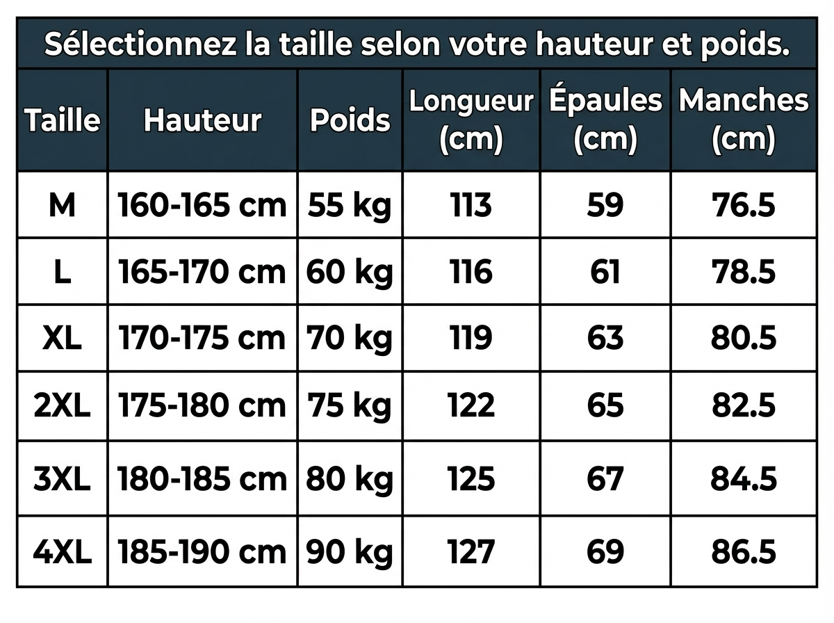 Guide des tailles veste chauffante longue Long 8