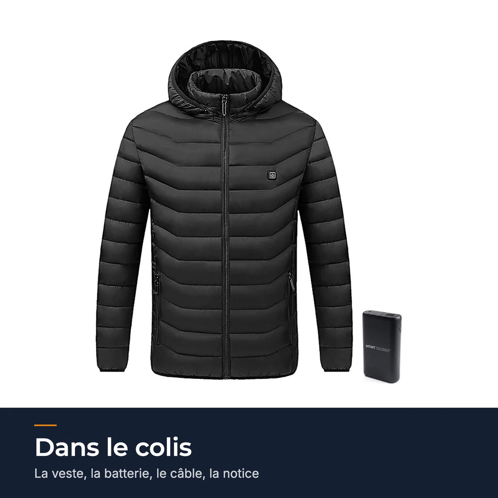 Dans le colis : la doudoune chauffante Alpine 21 et sa batterie 20 000 mAh