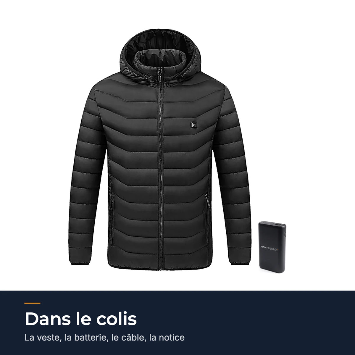 Dans le colis : la doudoune chauffante Alpine 21 et sa batterie 20 000 mAh
