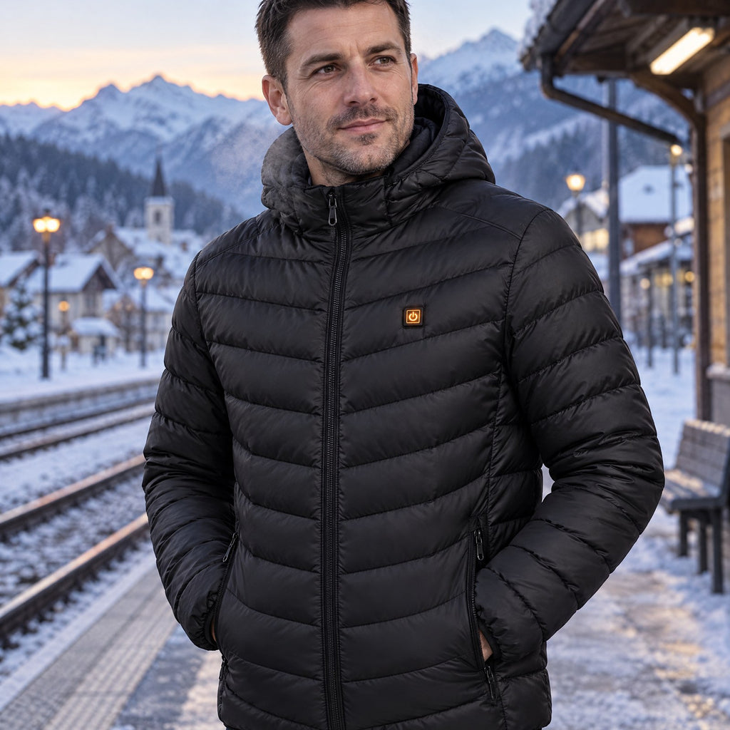 Homme portant la doudoune chauffante Alpine 21 noire sur un quai de gare enneigé, montagnes en fond