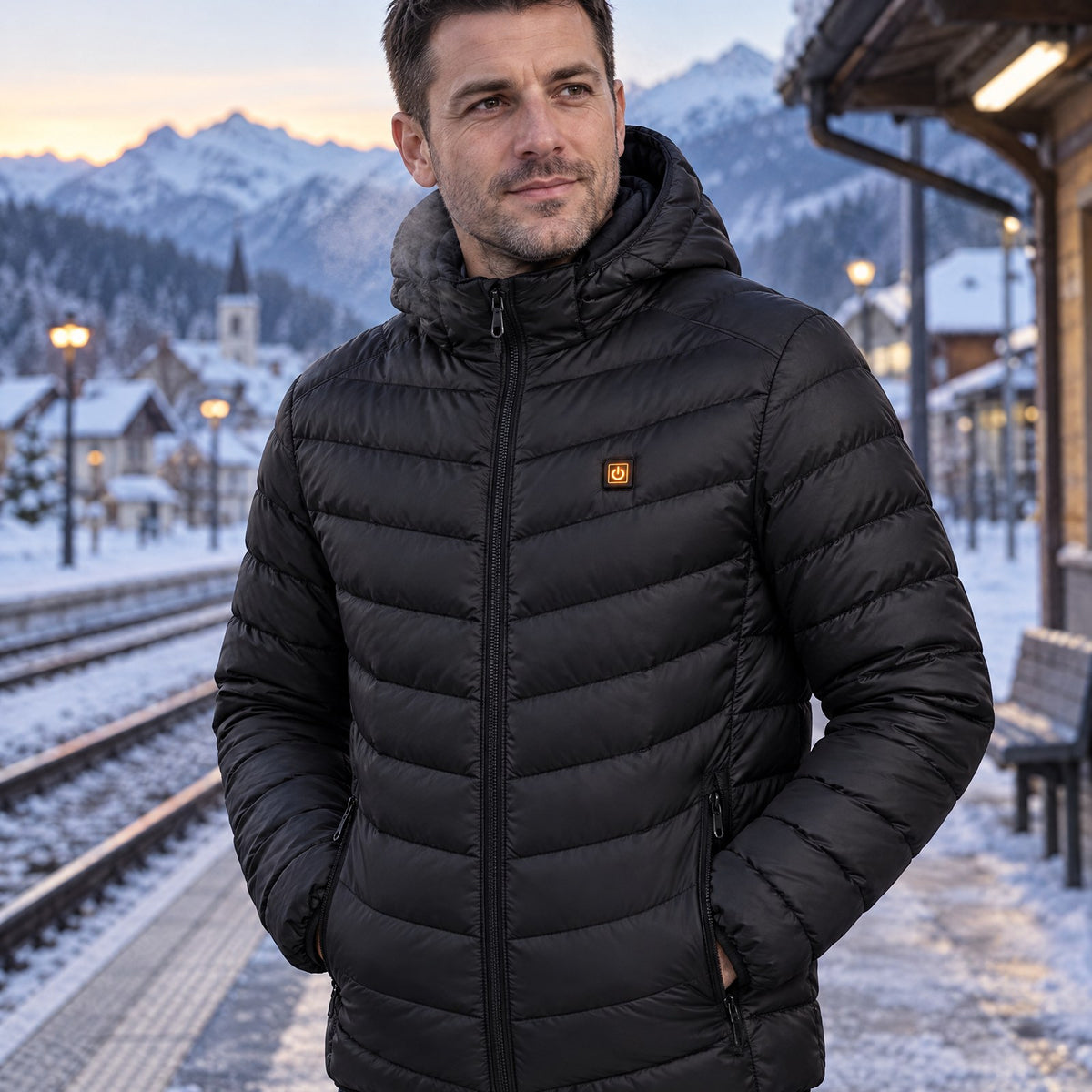 Homme portant la doudoune chauffante Alpine 21 noire sur un quai de gare enneigé, montagnes en fond