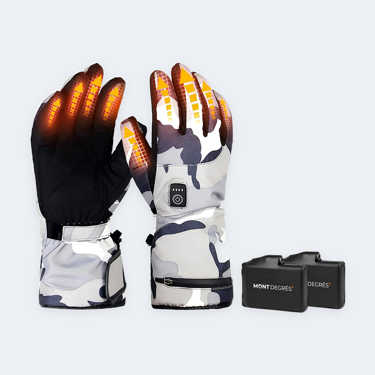 Gants de ski chauffants camouflage Arctic Camo X5 avec leurs batteries, photo produit sur fond gris clair