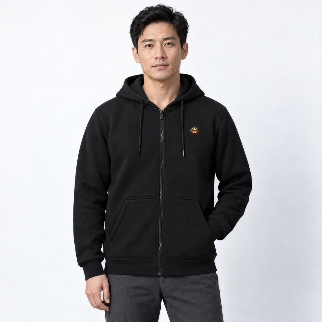 Sweat zippé chauffant Core Zip 6 noire porté par un homme, photo studio sur fond clair