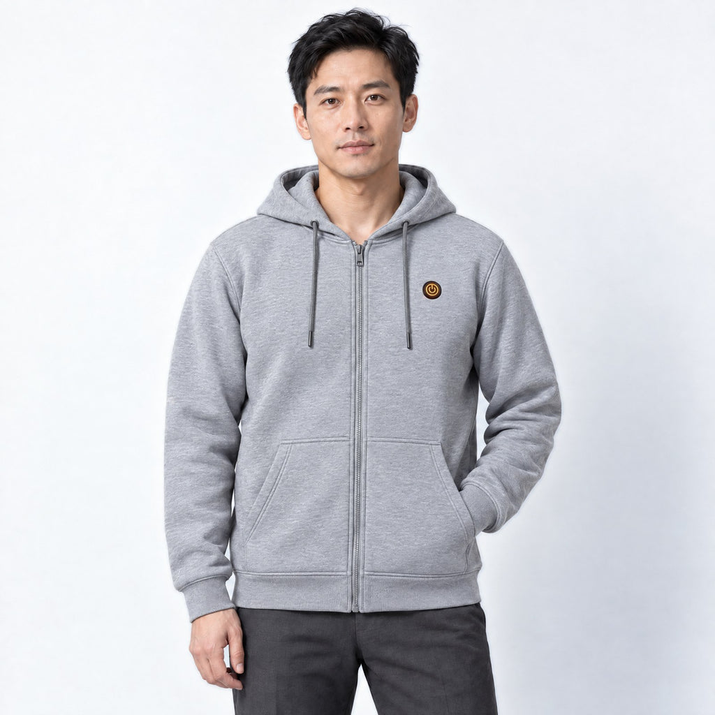 Sweat zippé chauffant Core Zip 6 grise porté par un homme, photo studio sur fond clair
