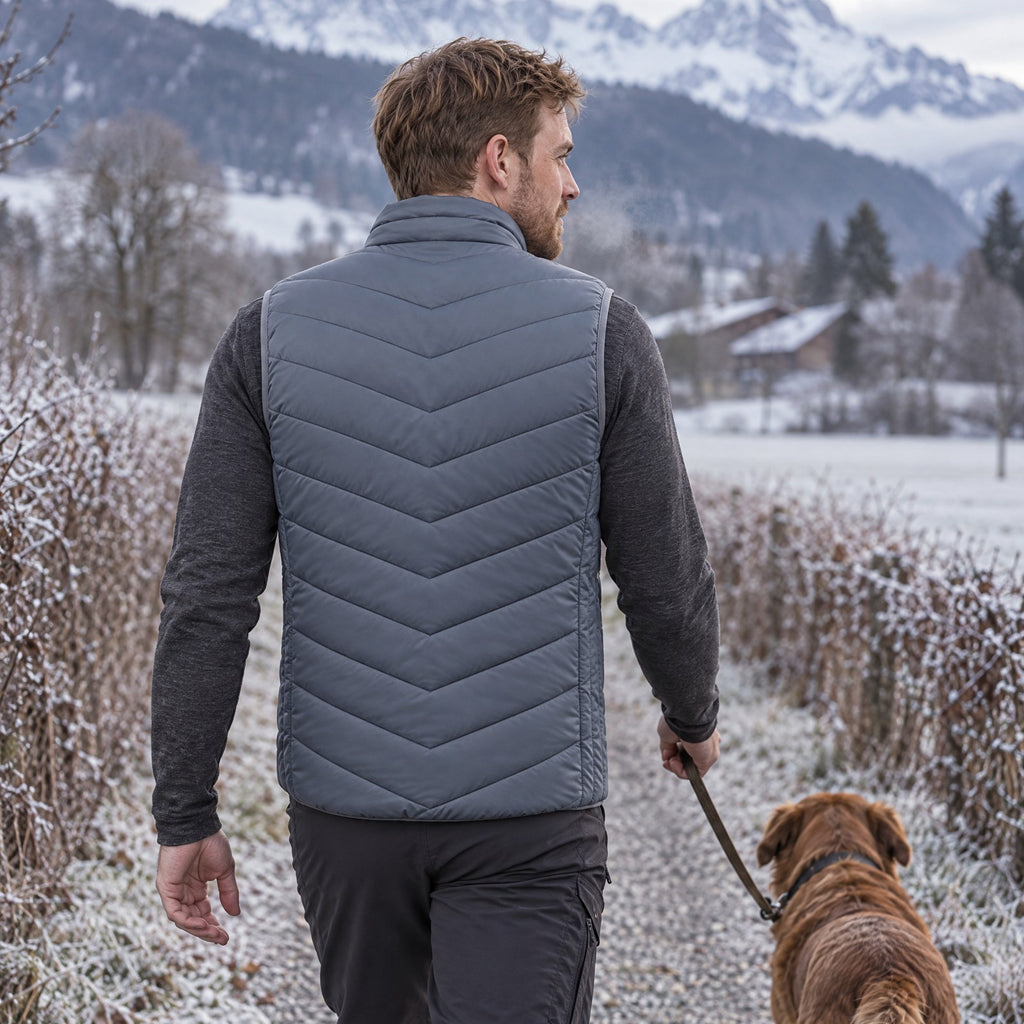 Flex 21 vu de dos en promenade avec un chien sur un chemin givré