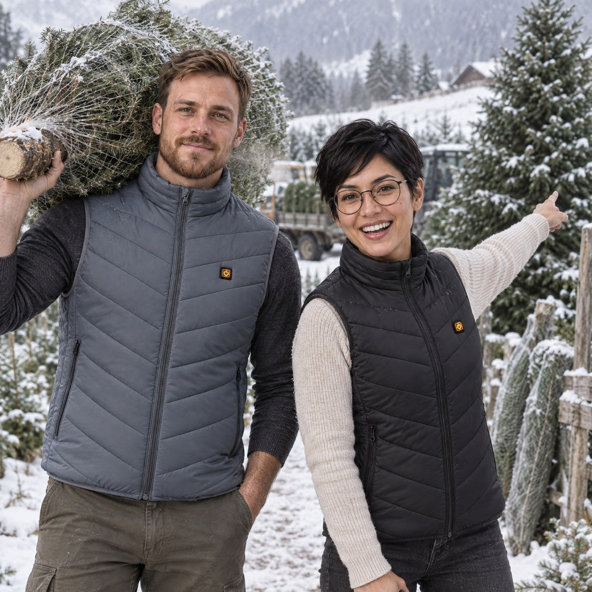 Couple en gilets chauffants Flex 21 chez un producteur de sapins de Noël