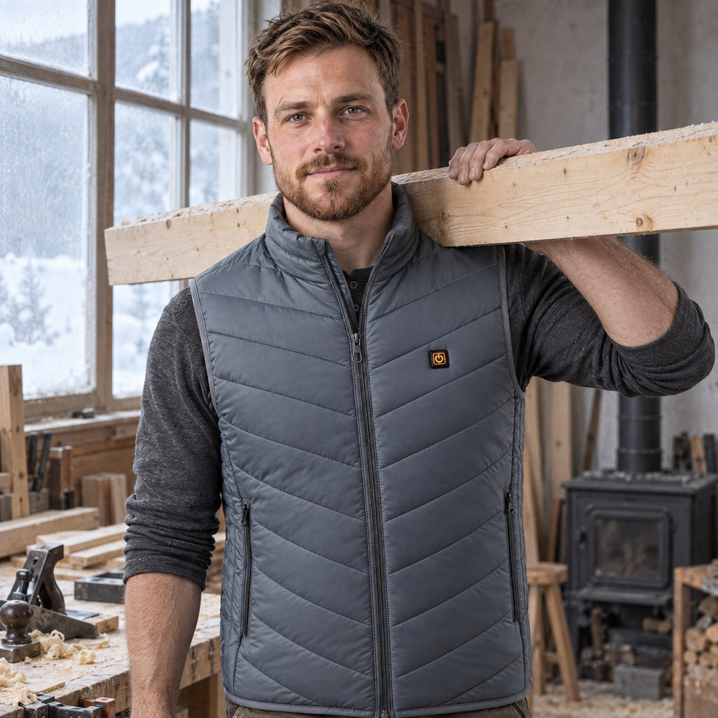 Homme portant le gilet chauffant Flex 21 gris dans un atelier de menuiserie, une planche sur l'épaule