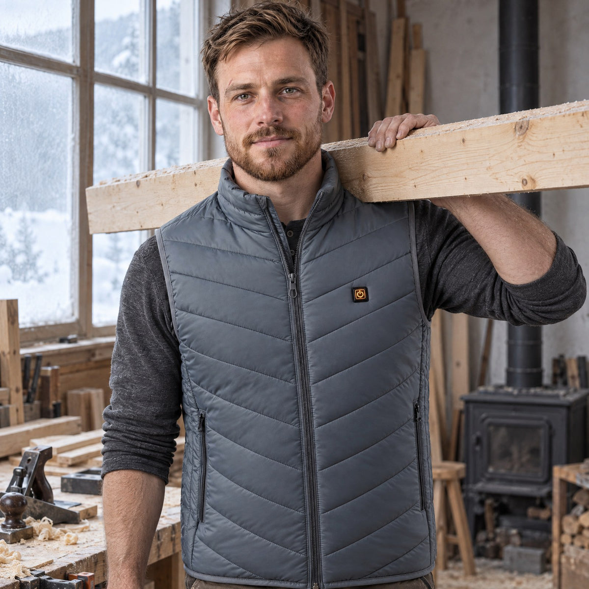 Homme portant le gilet chauffant Flex 21 gris dans un atelier de menuiserie, une planche sur l'épaule