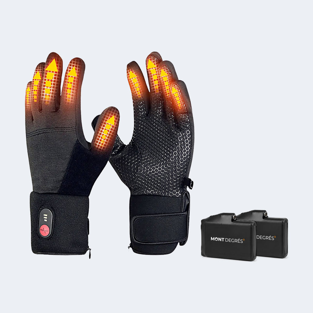 Gants fins chauffants Light R avec leurs batteries, photo produit sur fond gris clair