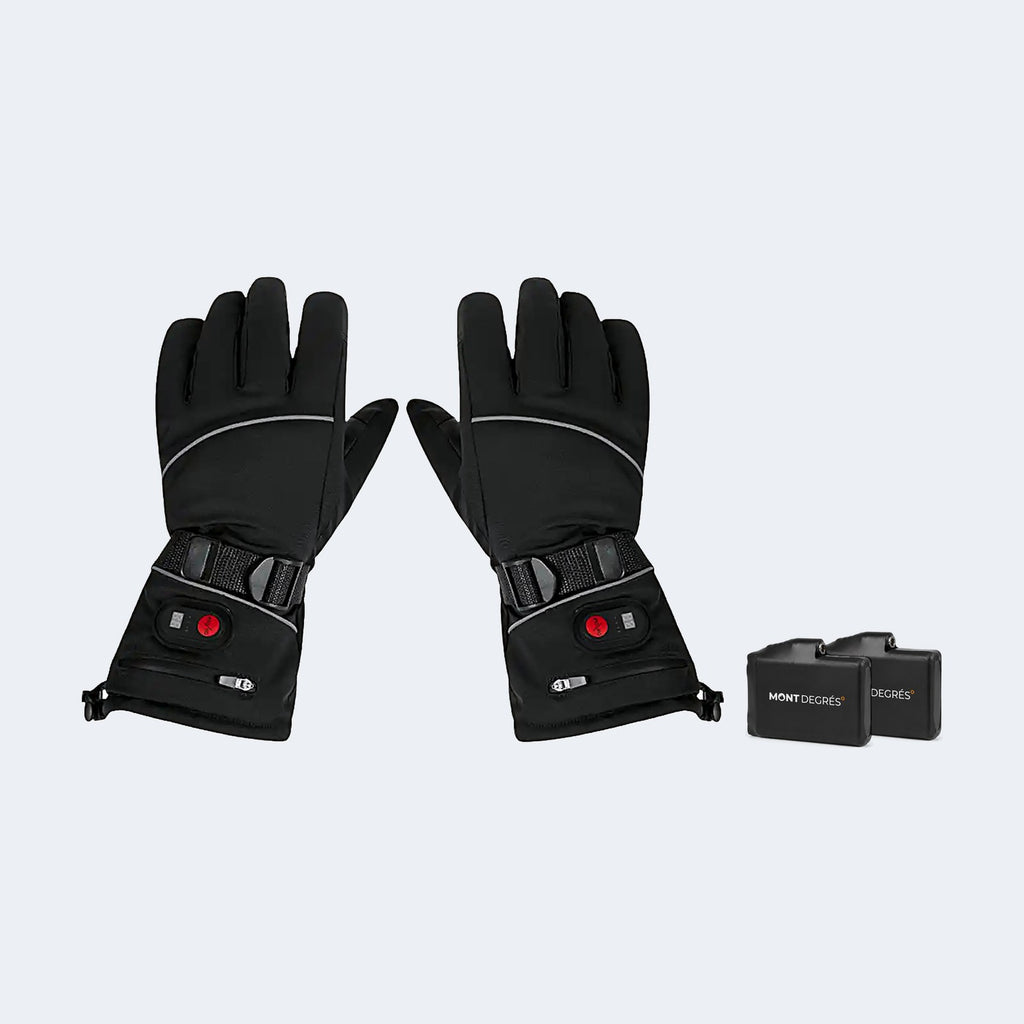 Gants de ski chauffants Shark 3 avec leurs batteries, photo produit sur fond gris clair