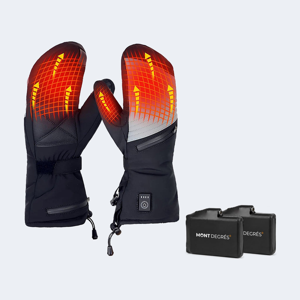Moufles chauffantes Snow M1 avec leurs batteries, photo produit sur fond gris clair