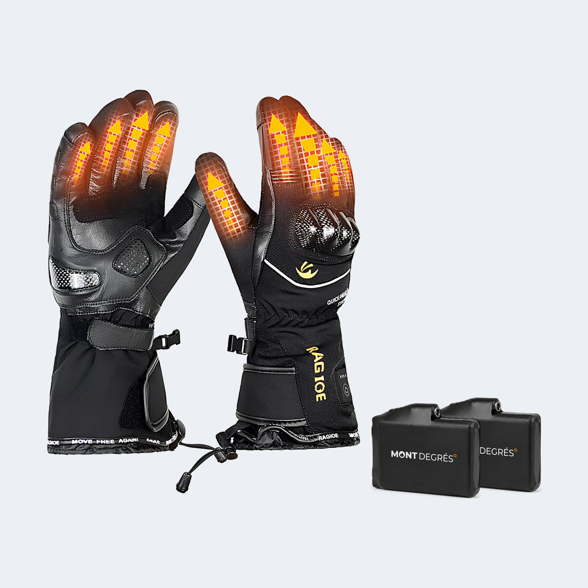 Gants de moto chauffants Titan 3 avec leurs batteries, photo produit sur fond gris clair