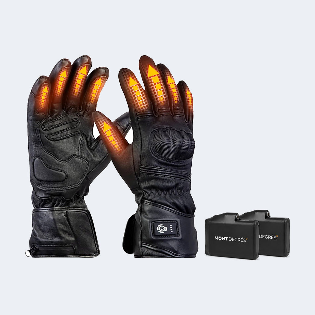 Gants de moto chauffants en cuir Xera 5 avec leurs batteries, photo produit sur fond gris clair
