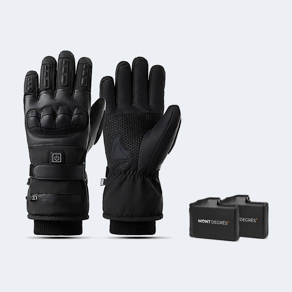 Gants de vélo chauffants Xera R8 avec leurs batteries, photo produit sur fond gris clair