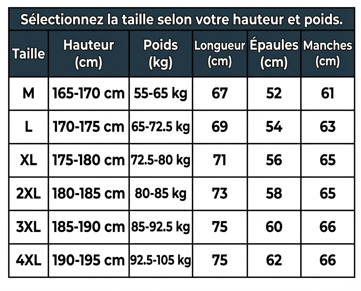 Guide des tailles veste chauffante Glacial 8