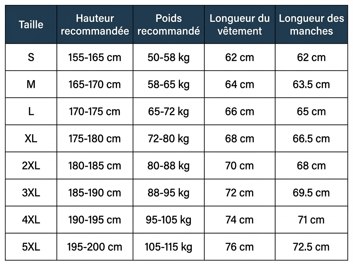 Guide des tailles sweat chauffant Core Zip 6